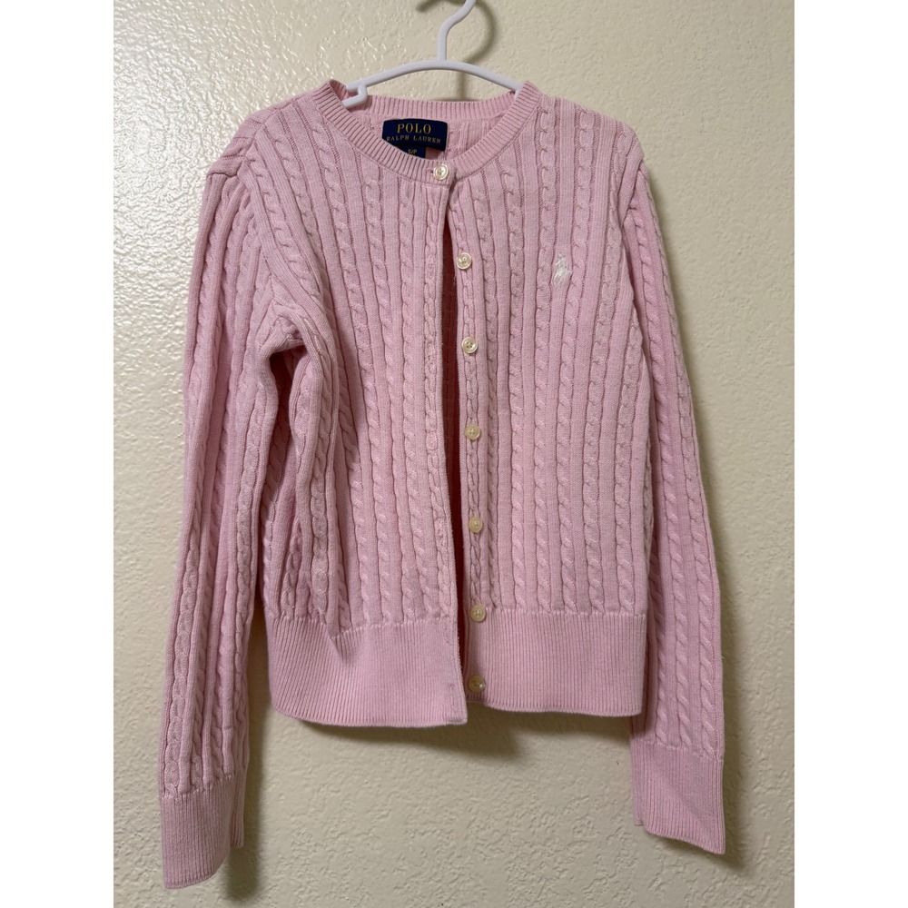 Polo Ralph Lauren Girls Pink Cable Knit Cotton Cardigan Sweater Size 7 S/P